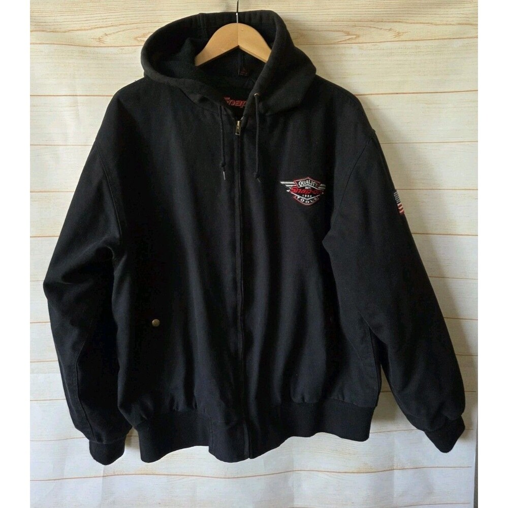 Snap On Tools Vtg XL Black Canvas Hooded Jacket Quilt Lined Workwear Hoodie Euc